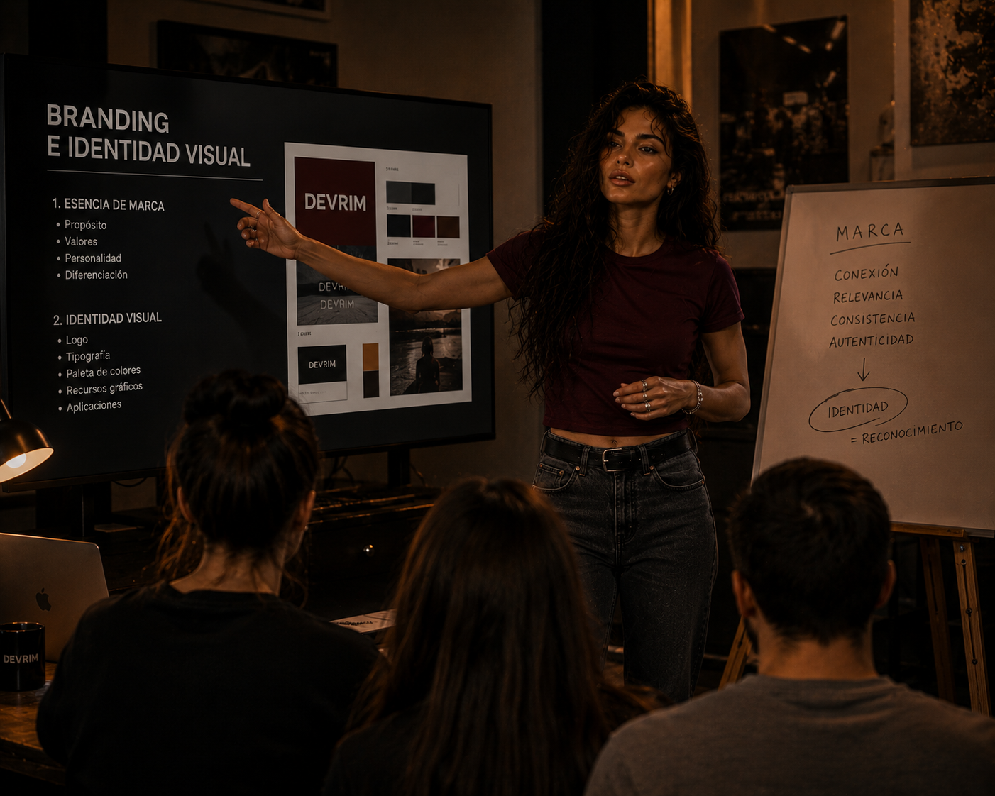 DEV presentando una consultoría de identidad visual frente a una audiencia